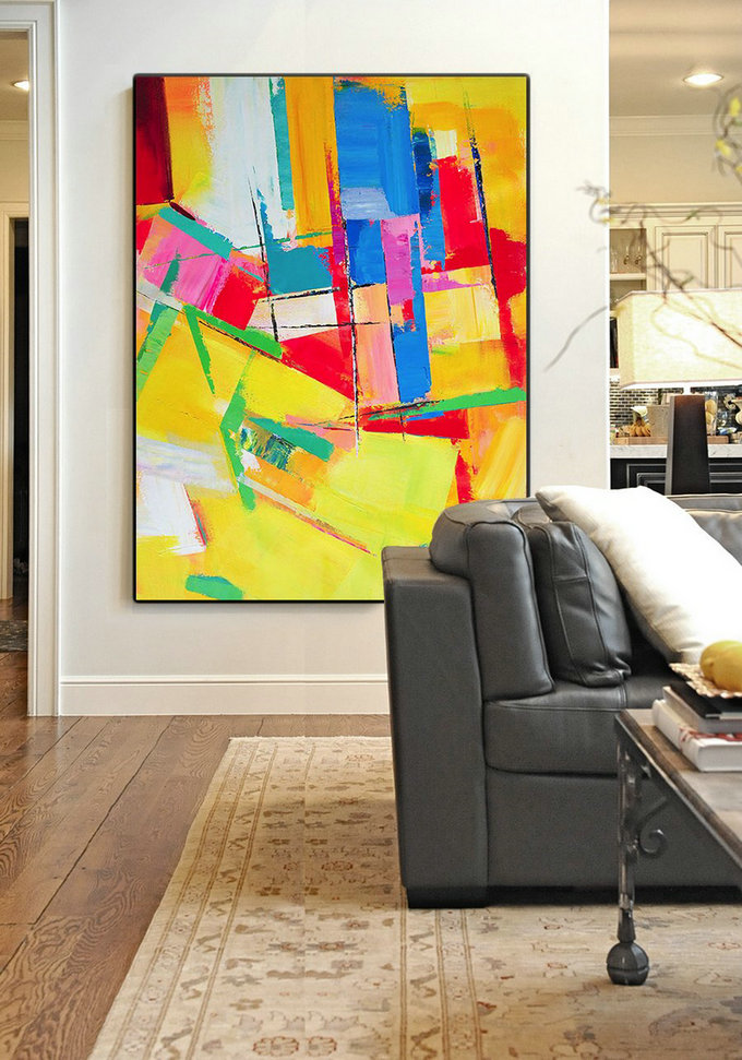 Vertical Palette Knife Contemporary Art,Large Wall Art Home Decor,Yellow,Red,Blue,Purple.etc